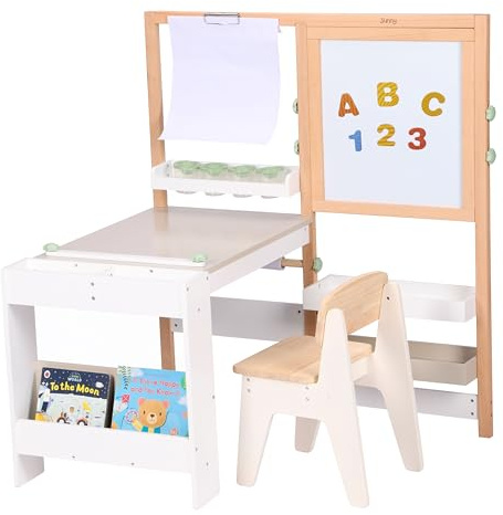 Sunny Olivia Table à Dessin et de Bricolage en Bois, Blanc/Beige | Table de Jeu multifonctionnelle avec Chaise, Tableau Blanc magnétique, Tableau Noir et Rouleau de Papier | 80 x 40 x 115 cm
