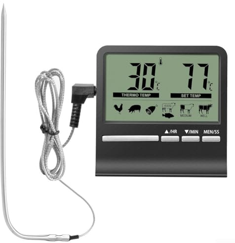 Termómetro digital de cocina con temporizador de 99 horas, sonda de acero inoxidable para horno, barbacoa, freír, hornear, precisión de cocción de carne (negro)