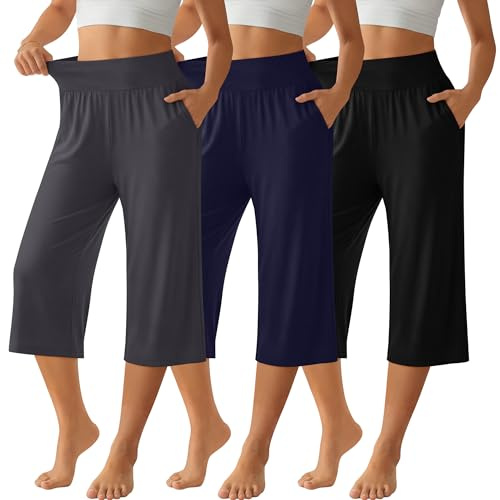 Neer Confezione da 3 Pantaloni Capri da Donna, Pantaloni Corti da Relax Yoga Casual a Vita Alta in Cotone con Tasca(XL,Nero, Grigio Scuro, Blu Navy)