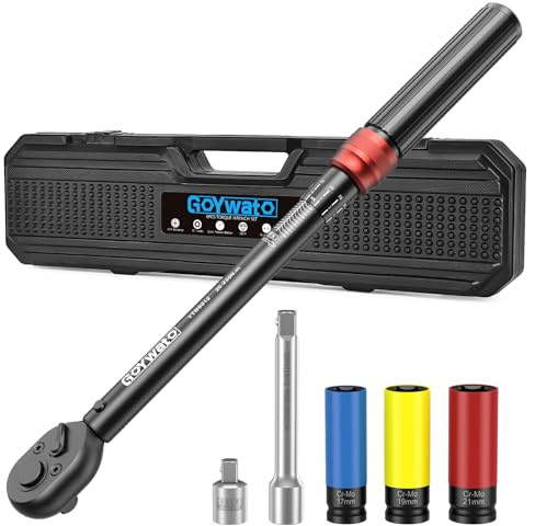 Clé Dynamométrique 1/2 20-230 Nm - Cle Dynamometrique Voiture, Cliquet à 72 Dents, avec Barre D'extension 125mm & Adaptateur 1/2-3/8 & Douilles 17mm/19mm/21mm, pour Voiture, Moto, Changer Les Pneus