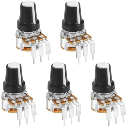 sourcing map 5Pcs 500K Ohm Rotary Potentiometer Volume Control Pots for Guitar, WH148 3 Pin Single Turn Linear Taper Variable Resistor Potentiometers for Inverter Speed Regulation, Black White