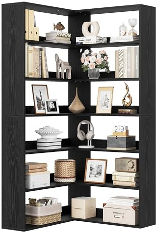 IRONCK Bücherregal 6 Ebenen Eckregal 180cm Hoch Standregal Holz L-förmiges offenes Regal, Aufbewahrungsregal für Arbeitszimmer, Büro, Wohnzimmer, Schlafzimmer (Schwarz)