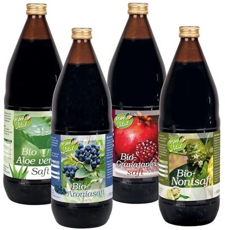 KOPP Vital® Kennenlern-Biosaftbox | 4 Flaschen à 1 Liter | Aloe-Vera-Saft | Granatapfelsaft | Aroniasaft | Nonisaft | 4 unserer Besten Bio-Säfte | Bio-zertifiziert