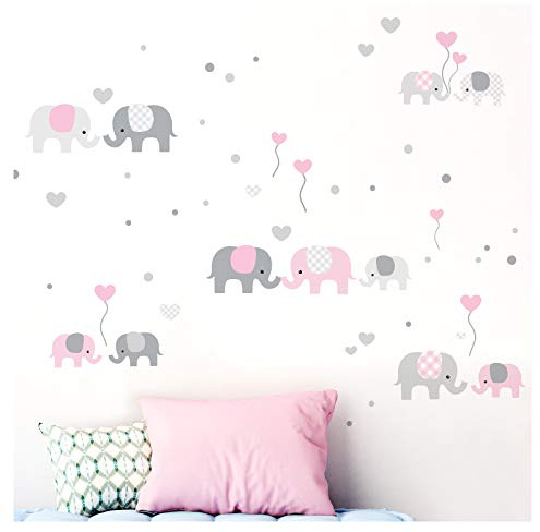 Little Deco Wandtattoo Kinderzimmer Mädchen Elefanten Grau Rosa I Zwei A4 Bögen I Wandaufkleber Deko Aufkleber Babyzimmer Wandsticker Sticker DL340-3