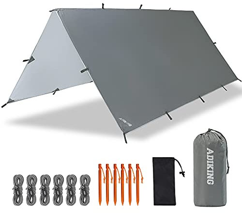 ADIKING Camping Zeltplane 3,2m x 3m wasserdichte Tragbare Tarp für Hängematte Leicht Anti-UV Regenschutz Sonnenschutz für Camping Wandern Outdoor-aktivitäten (Grau)