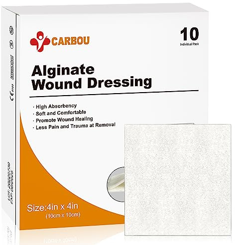 Carbou Calcium Alginate Wound Dressing, 4'' x 4'' Patches,10 Individual Sterile Pads, Soft and Highly Absorbent Dressing Gauze, Non-Stick Padding