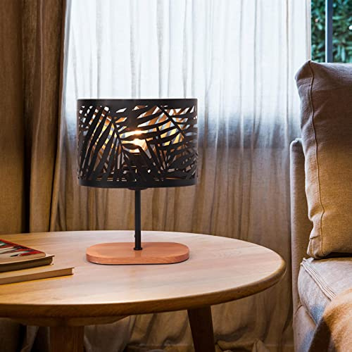 OuXean Lampada da Tavolo Piccola Lampada da Comodino, Luce Notturna E14 con Base in Legno e Paralume in Metallo per Camera da Letto Soggiorno Bar, Nero (senza lampadine)