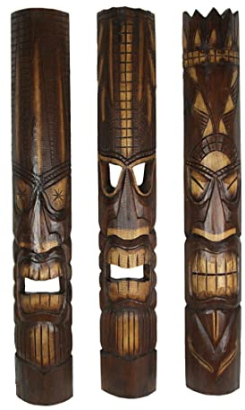 Zeckos Set of 3 Hand-Carved Wood Tiki God Wall Hanging Masks 40 Inches High - Tropical Beach Home Decor - Symbolic Deities Kanaloa, Kāne, and Lono - Unique Artisan Craftsmanship