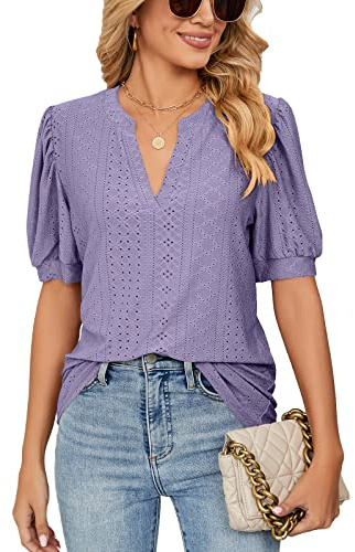Camisetas Manga Corta Mujer con Volantes Blusas Mujer Verano Cuello en V Elegantes Mujer Tops (B-Morado,M)