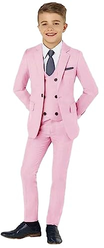 Lot de 3 costumes formels à un bouton pour garçon, blazer, gilet, pantalon, costume de fête pour garçon pour mariage, rose, 14 ans