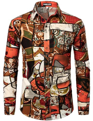 PARKLEES Men's Cotton Linen Retro Hippie Traditional Style Pattern Printed Long Sleeve Button up Shirt Orange X-Large