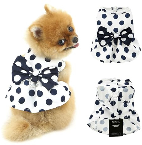PAIDEFUL Robe harnais rétro avec nœud pour chien et chat - Jupe plissée à pois - Robe d'été douce et légère - Vêtement pour chihuahua - Anneau en D - Blanc - Taille XS