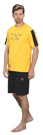 ALV by Alviero Martini Completino Uomo Estivo Realizzato in Cotone French Terry, Completo Maniche E Pantaloni Corti (IT, Testo, XXL, Regular, Regular, AL027JF Giallo/Blu)