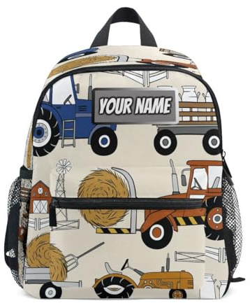 Ksajwzf Sac à dos personnalisé pour enfants, tracteurs, voitures de ferme, sac à dos pour filles et garçons, nom personnalisé coloré voiture préscolaire sacs à livres, multicolore