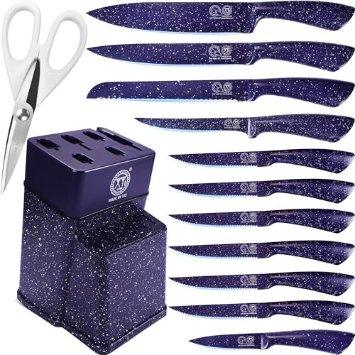 XYJ Authentic Since 1986, Kitchen Knife Block Set, Stainless Steel Japanese Chef Knives Set with Knife Holder, Scissors, Paring Boning Slicing Bread Steak Knife