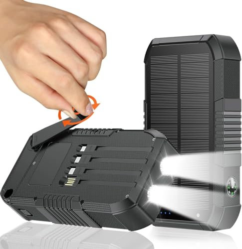 Cargador solar de 66800 mAh, manivela de mano integrada y 4 cables de 22,5 W de carga rápida, 6 salidas y 4 entradas SOS/estroboscópico/linternas de camping fuertes, brújula solar portátil (negro)