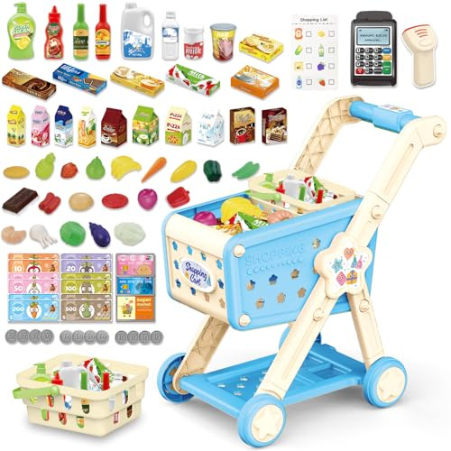 RedCrab Shopping Trolley Toy with Scanner, 74 Pieces Accessories for Shops: Calculator, Credit Cards, Fruit and Food, Role-Playing Toy for Boys and Girls 3+ Years (Blue)
