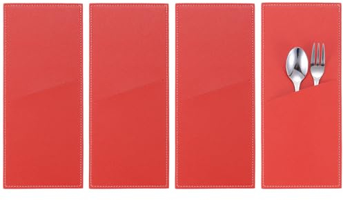 QUARKZMAN 4 Pcs Manches en Cuir pour Couverts Porte-Couverts pour Couteau et Fourchette Pochette de Rangement pour Couverts pour Décoration de Table de Dîner Maison Cuisine, Rouge