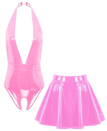 TiaoBug dam wetlook body ouvert stringbody nackhållare rygglös topp djup V-ringad topp och lack läder kjol mini veckad kjol gogo klubbkläder