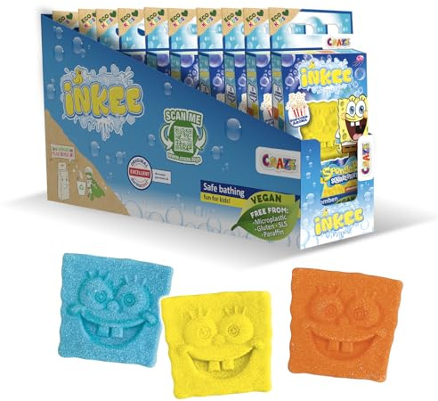 INKEE Mini Pack SpongeBob, display da 10 set di 3 bombe da bagno per bambini con le forme dei loro personaggi SpongeBob e aroma di popcorn