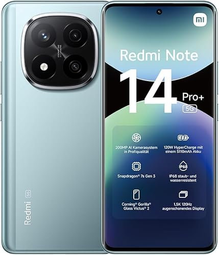 xiaomi Redmi Note 14 Pro+ 5G smartphone, 12+512GB, Frost Blue, 200MP pro-grade AI camera, IP68, 120W HyperCharge, AI features (no charger included), 2 year Warranty
