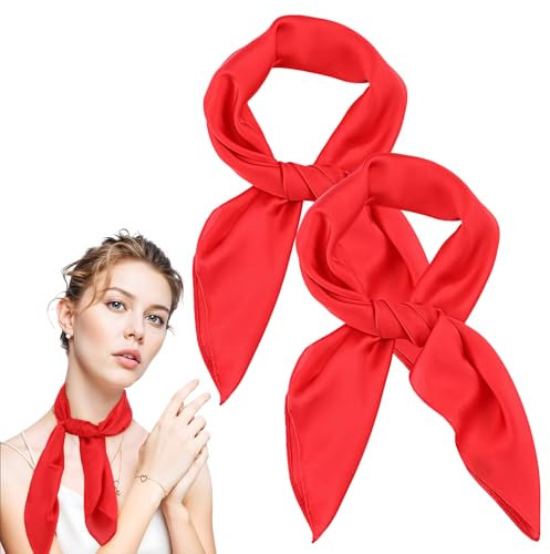 MBAIYO 2 Stück Damen Seidentuch Rot, Leichte Elegante Seidenschal 70 x 70cm Silk Scarf Weich Quadratisch Schals Einfarbiger Satin Kopftuch Bandana Halstuch Tuch Schal Geschenk für Frauen