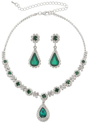 Auriselle Gioielli da sposa con strass da donna, set di gioielli sposa 2 pezzi, collana con pendente a goccia, orecchini, strass verde smeraldo lucido, collane ragazze, verde