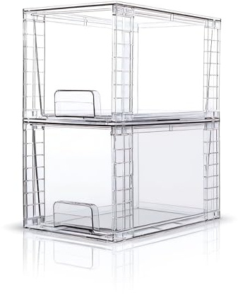 XWYWX 2 Pezzi Cassetti Impilabili Medi, Organizer Acrilico Trasparente con Maniglie, Facile Montaggio per Bagno, Cucina, Sottolavello, Armadio, Cosmetici, Dispensa, Organizzazione