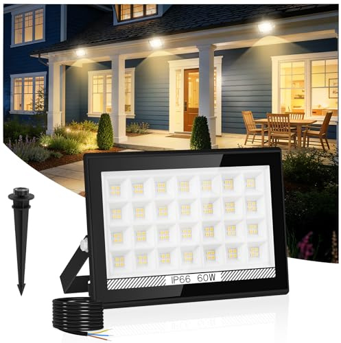 T-SUNUS LED Floodlight Outdoor 60W 6000LM, Security Lights IP66 Waterproof, 4000K Cool White Wall Light, Adjustable 180° Bracket, Led Spot Lights Outdoor for Garage Garden Hallway Backyard