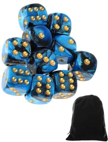 CULEB 10 PCS Dés,16mm D6 Dés de Jeux en Acrylique,Ensembledesdés avec Pochette en Velours pour Jeux de société,Rôle,Table,Cours de Mathématiques(Noir-Bleu)