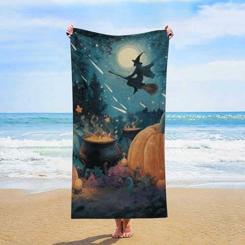 Oversized Beach Towel Halloween Broomstick-Riding Witch Quick Dry Absorbent Thick Bath Pool Towels 61 X 30 Inch Extra Large Halloween Broomstick-Riding Witch Blanket for Swim Travel Lounge Chair Cover