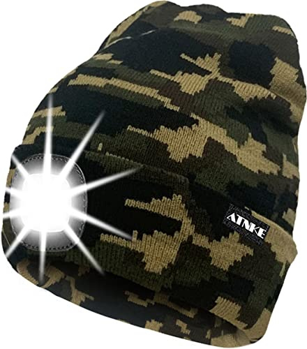 ATNKE LED Lighted Beanie Cap,USB Rechargeable Running Hat Ultra Bright 4 LED Waterproof Light Winter Warm Gifts for Men and Women/Camouflage Green