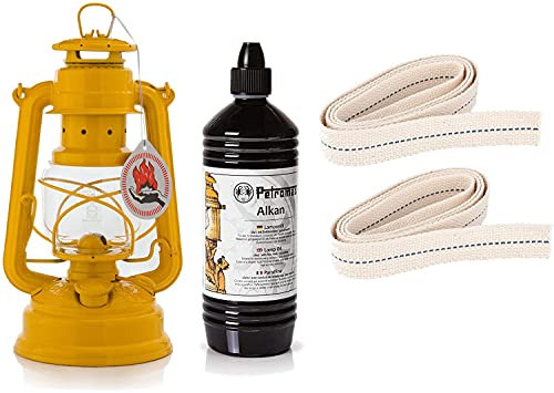 Feuerhand Starter-Set Sturmlaterne Baby Special 276 Set mit 1 Liter Alkan und 2 Ersatz-Dochten (Signalgelb)