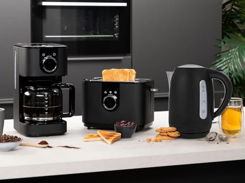 Design Edelstahl Frühstücksset in Schwarz - Filterkaffeemaschine, Wasserkocher & Toaster