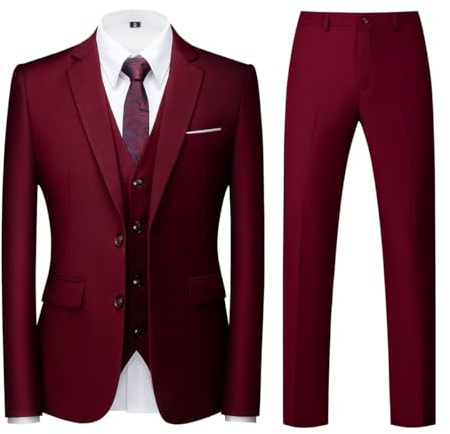 KUDORO Costume Homme 3 pièces Slim Fit Smoking Simple Poitrine à Deux Boutons Men Suits 3 Piece pour Mariage Business Fête Confort Blazer Veste et Pantalon Gilet(Bourgogne,XL)
