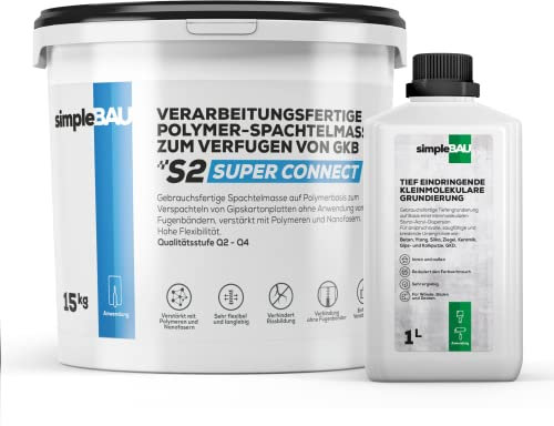 simpleBAU Spachtelmasse 15 kg und Tiefengrundierung 1L – Polymerbasierte Fertigspachtel für Gipskartonplatten und gebrauchsfertiger Tiefgrund für innen & außen Für Wände, Böden und Decken