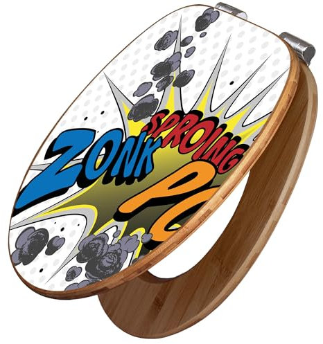 banjado Design WC Sitz Bambus Absenkautomatik 45,8x37,5cm / Toilettendeckel mit Absenkautomatik Holz/hochwertiger Bambus Klodeckel/WC-Sitz für gängigen Toiletten/Motiv Comic