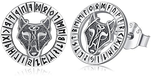 Ohrstecker Herren Wikinger Wolfskopf Ohrringe Silber 925 Wolf Ohrringe Rune Ohrstecker für Männer Jungen