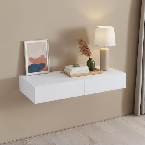 [en.casa] Mensola con 2 Cassetti Affiancati Consolle da Parete con Doppio Cassetto Mensola da Muro Comodino Sospeso 80 x 35 x 12 cm - Bianco