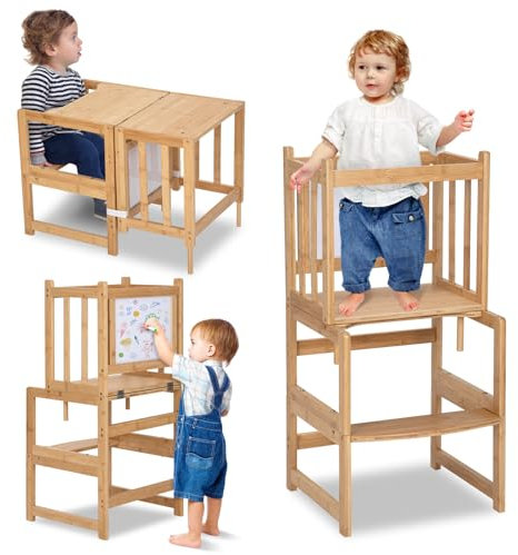 COSYLAND Lernturm Klappbar - 3 in 1 Lernturm für Kinder - Natürlicher Bambus - Stylisch Kippschutz Lernturm - Montessori Lernturm ab 1 Jahr (Natural)