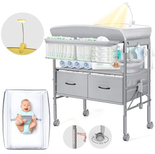 Orzbow Tragbarkeit Baby Wickelkommode mit Schubladen und Nachtlicht, Höhenverstellbare Mobiler Baby Wickeltisch Klappbar mit Sicherheitsgurt, Geräumiger Stauraum Baby Changing Table, Grau