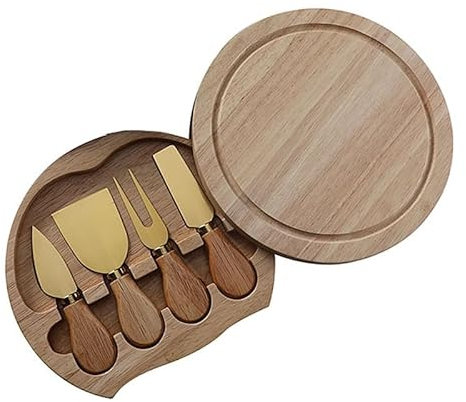 König Design 4-Teiliges Käsemesser Set, Edelstahl Käsegabel Messer Schaufel mit Holzgriff, Mini Käsebrett, Käseschneider, Käseschaufel, für Käsehobel, Kuchen, Dessert und Butterschneider (Gold)