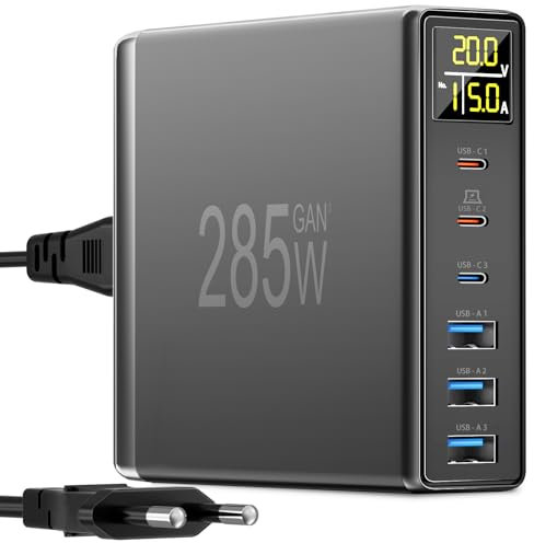 285W Cargador USB C Rapida Multiple, YSYFAD 6 Puertos Estacion de Carga con Pantalla LED GAN PD Cargador USB C 100W 65W para Macbook Portátiles Charger USBA Multiple para i Phone Pad Samsung, Negro