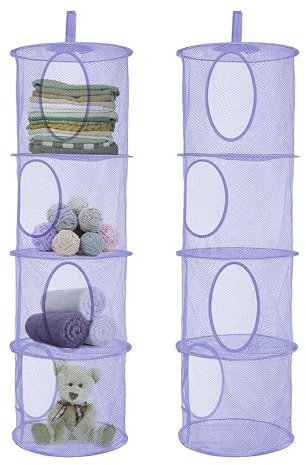 YWKJDDM Hängende Netz-Aufbewahrungstasche, 2 Stück Mesh Hängender Speicher Korb, Faltbare Aufbewahrungstasche Netz mit 4 Fächern Hängeaufbewahrung Kinderzimmer Spielzeug Kleine Kleidung (Lila)