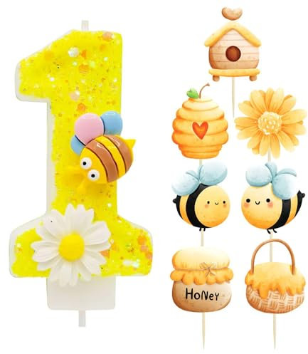 1 Stück Bienenblumenkerze, 7 Stück Kucheneinsätze, Erste Geburtstagskerzen, Zahlenkerzen, Kreative Designkerzen, Geburtstagskuchendekorationen