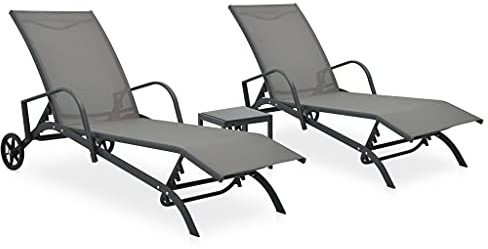 HaoChrymec Sonnenliegen Set 2 STK. mit Tisch, Textilene und Stahl, Verstellbare Rückenlehne, Faltbar für Einfachen Transport, Outdoor Liege, Camping Liegestuhl, Strand Liege, Grau, 178 x 60 x 37 cm