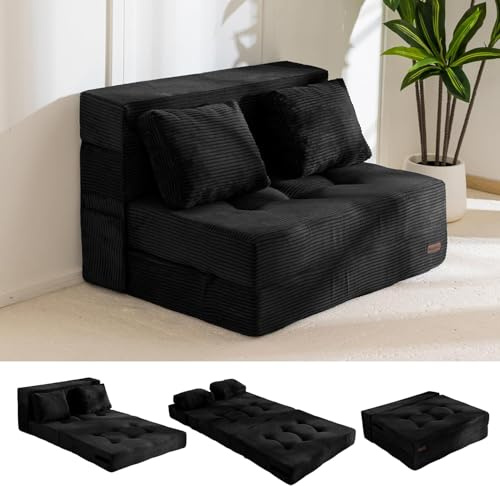 MAXYOYO Bäddsoffa med bekväm vikbar madrass i 4 delar, 15 cm tjock och 1 kudde, vikbar soffa med sömnfunktion, vikbar gästmadrass