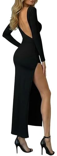 AMABILEMIA Vestito Lungo Donna Elegante Invernale Nero Abito Sexy da Sera a Maniche Lunghe con Schiena Scoperta e Spacco per Festa e Inverno AM229 (IT, Testo, M, Regular, Regular, Nero)