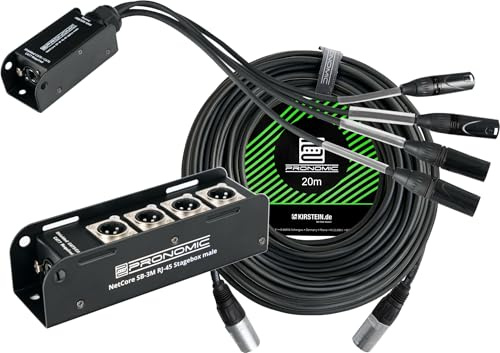 Pronomic NetCore SB-3M/SP-3F Set Da 20 M - Sistema Multicore Audio A 4 Canali - Stagebox Con 4 Prese XLR & RJ45 - Pigtail Con 4 Connettori XLR & RJ45 - Incluso Cavo Di Rete CAT5e Da 20 M - Nero