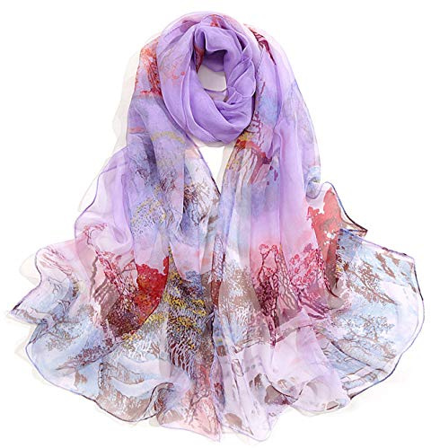Dancila Damen-Schals aus Seide für Damen, Blumendruck, Seide, Chiffon, Schal, Wrap, Schal, 155 x 50 cm, Schlauchschal, Landschaft Violett/Weiß/Rot, Einheitsgröße
